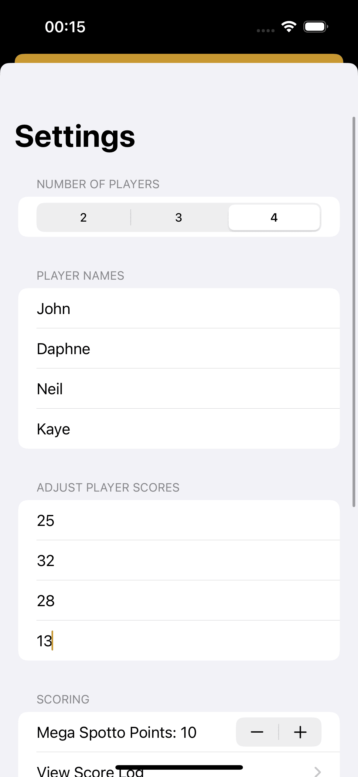 The settings page on an iPhone. Spotto Score App