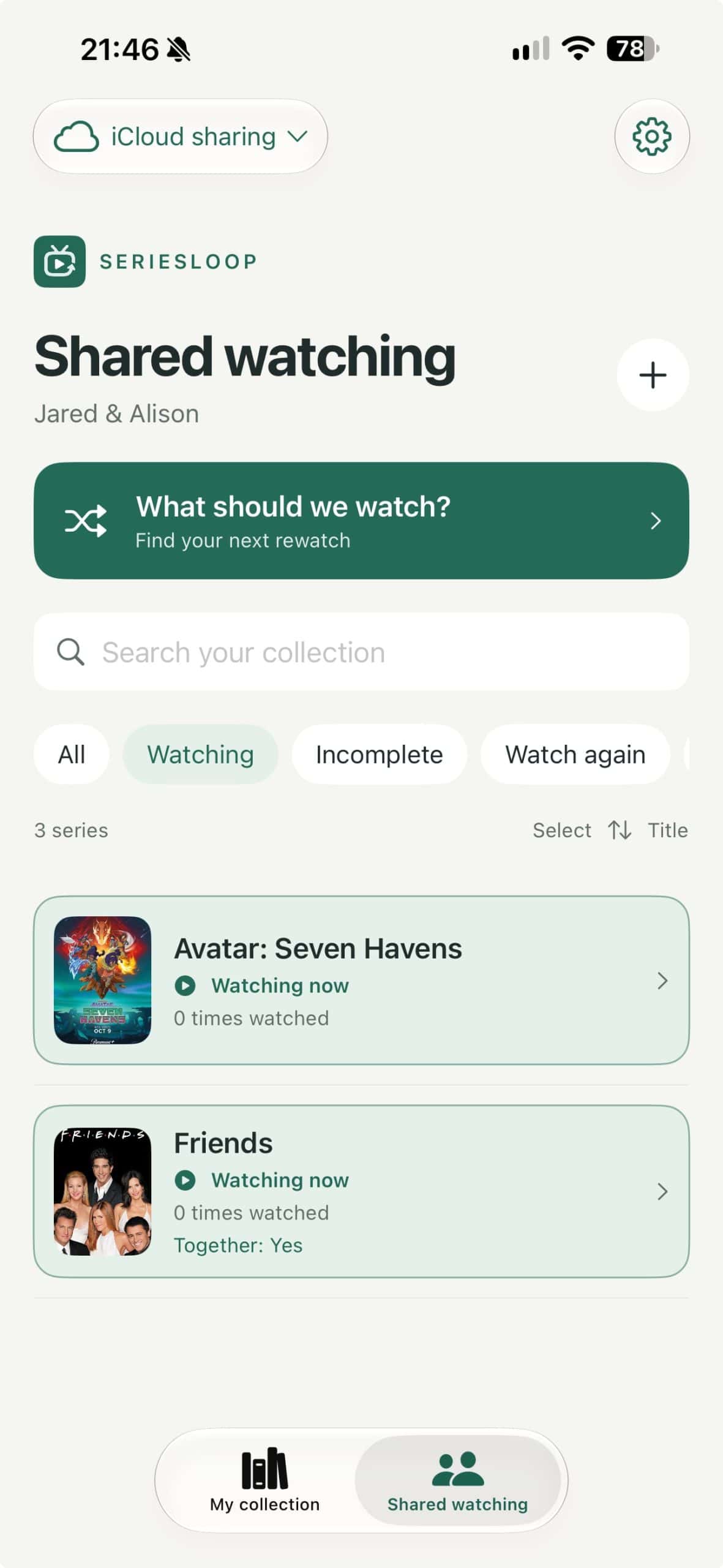 SeriesLoop on iPhone showing a personal collection, last watched dates and completed watch counts